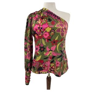 Flora Bea NYC One Shoulder Floral Sheyla Top Riverhill Green Pink Yellow Size S